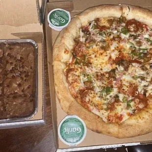 Double Chocolate Chip Brownie and The Works Pizza with stuffed crust