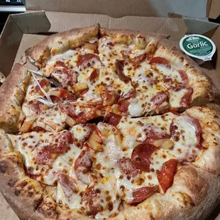 Large two topping pizza with stuffed crust pineapple and pepperoni it was so good very fresh great ingredients