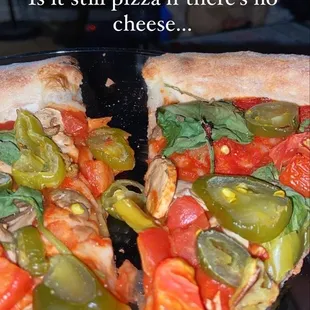 Large cooked Well Done with no cheese. Jalapeno Peppers, mushroom, spinach