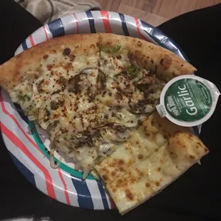 Philly cheesteak Pizza and cheese sticks