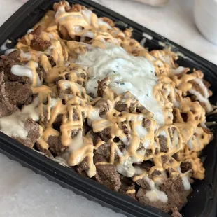 Chicken Chipotle Chicken and Beef Shawarma Loaded Fries