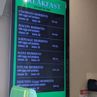 Breakfast All Day 4-2024 From $8.65 Huevos Burrito