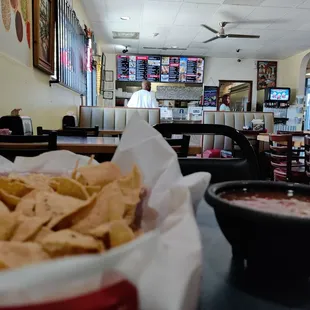 Chips and salsa, view from back of the restaurant