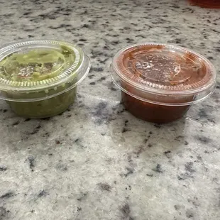 Guacamole (left), salsa (right).