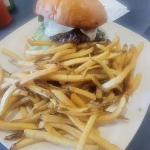 Green Chile cheeseburger with fries.