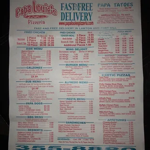 Current menu with new prices.