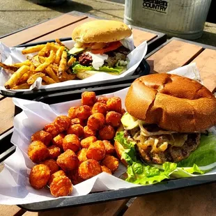 Blue Burger (front) and Lamb Burger (back)