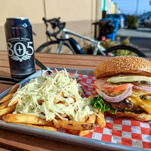 papa burger, truffle fries, beer $21.50