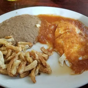 Huevos Rancheros, Potatoes, and Refried Beans