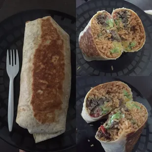 California style burrito. With fajita beef. No beans sub rice.