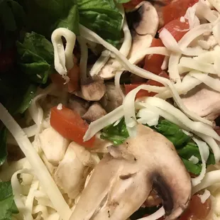 a closeup of a pizza with mushrooms and tomatoes