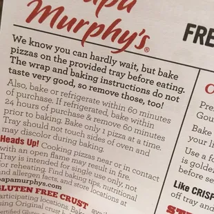 a menu for papa murphy's pizza