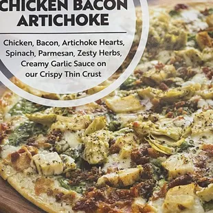 Our Delite chicken, bacon, artichoke pizza