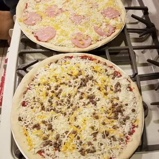 Hamburger Pizza and a Hawaiian Pizza.....Great Eatings!