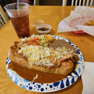 Paper plates plastic cups. Chimichanga with no guac or sour cream.