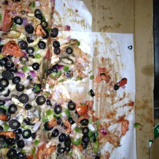 Sorry azz soggy pizza.  I think they opened a whole can of sliced black olives and dumped it on here...really!?