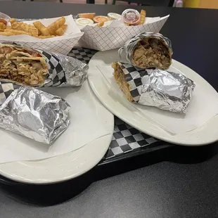 Chicken Shawarma and Chicken Shawarma with gyro meat added. Fries and sauces