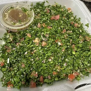 Large Tabbouleh Salad, I appreciate that the dressing was on the side so it didn't get soggy. It was so fresh and dressing was so good!