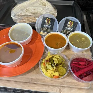 Pickle veggies, white bean stews and lentil soup that comes with Tray for 6. Everything was delicious!