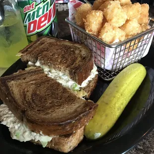 Tuna Melt with Swiss Cheese on Rye Bread with side of Tater Tots $9.00