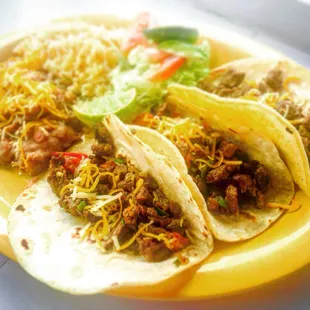 Tacos de Carne Asada!  Perfectly seasoned beef sautéed with Pico de Gallo.