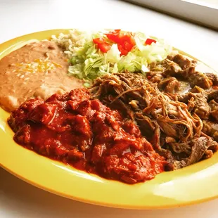 El Sampler Platter.  A fan favorite!  All of our signatures dishes in one sitting!   Asado, Brisket, and Chile Verde!