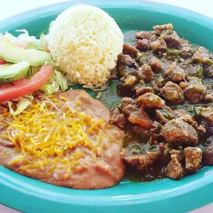 The Chile Verde plate.  Beef stew meat in our signature sauce perfected through generations.