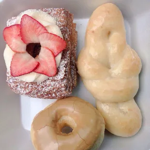 Strawberry cronut (no chocolate filling), bow tie donut, maple glazed donut