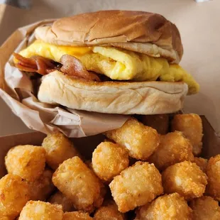 Breakfast sandwich (good - needed mayo). Tater tots with special request All Seasoning - great
