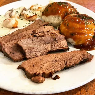 Staring blankly ahead, just making my way  Surf &amp; Turf Special (Tri-Tip &amp; Shrimp) w/ mashed from #papachinosgrillandgreens