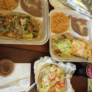 fish and shrimp tacos with rice and beans