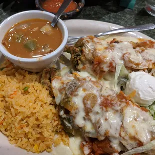 Chile Rellenos, I could&apos;ve done without the tomatoes on the topping mixture.