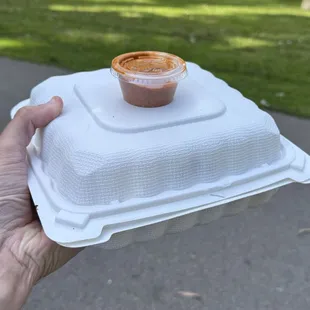 Al pastor nachos to-go. Includes only one tiny 2-oz cup of salsa (not enough for the whole plate). Each additional cup costs $0.50.