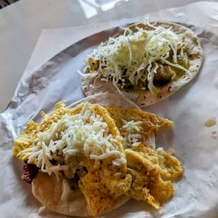 Breakfast taco in the front and puerco con verdolaga in the back