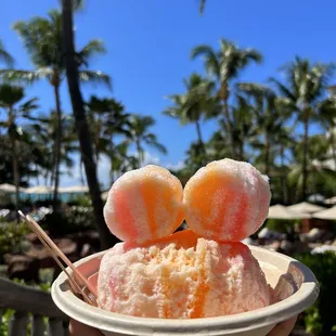 a hand holding a bowl of ice cream