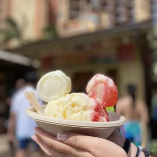 a person holding a bowl of ice cream