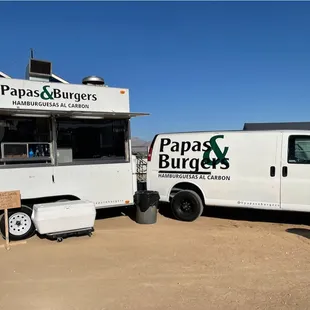 Truck with trailer for cooking.