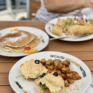 Fried Burrito, Banana Pancakes, and Eggs Benedict Florentine