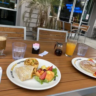 Latte, Chorizo Burrito, Buttermilk Pancakes Plate