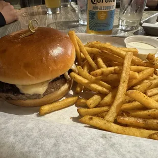 Mushroom and Swiss burger with rosemary fries