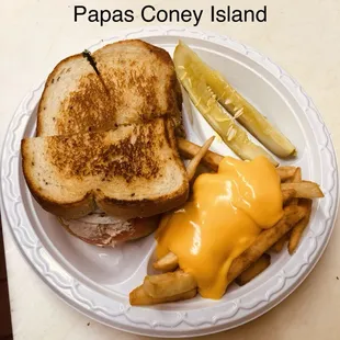 Tuna melt with Swiss cheese on rye bread with cheese fries on the side