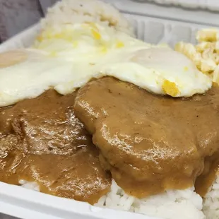 Loco Moco. Lacks flavor and is dry.
