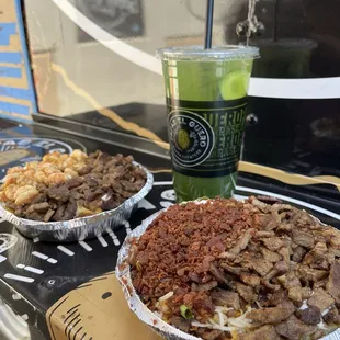 Baked potatoes, agua fresca