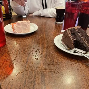 Fresh homemade desserts. Chocolate and strawberry cake