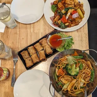 Spring rolls, basil fried tofu, veg chowmein! Delicious!