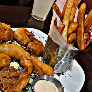 Delicious Tempura battered Shrimp and beer battered fries.