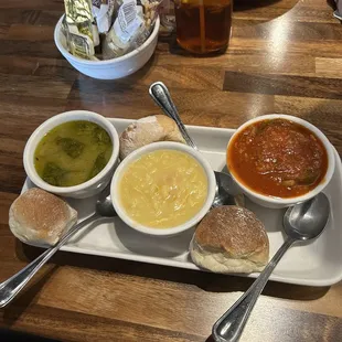 Soup Flight - pick three of the best homemade soups with homemade rolls included