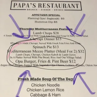 Thursday Mediterranean night menu.