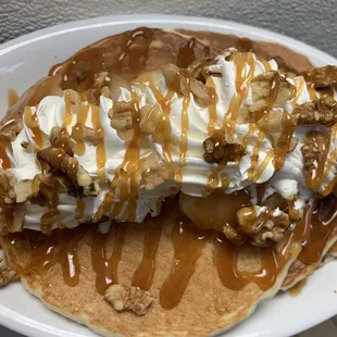 Apple walnut caramel pancakes