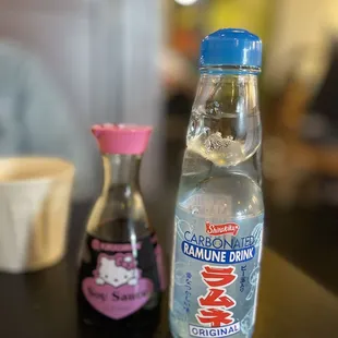 Drinks and Hello Kitty soy sauce